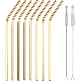 Resim 8 Kavisli Pipet ve 2 Fırça, Renkli Metal Pipetler, Taşınabilir Yaratıcı Gıda Sınıfı Paslanmaz Çelik Pipetler, Meyve Suyu Smoothie'leri, İçecek Kahve ve Süt Çayı Pipet Seti için Yeniden Kullanılabilir İçme Pipetleri, Eğlenceli İçme Pipetleri, Dayanıklı İçme Pipetleri 