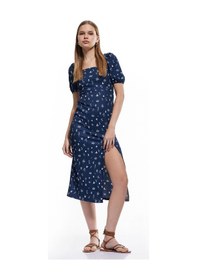 Resim Koton Kısa Balon Kollu Sırtı Bağcıklı Bodycon Çiçekli Yırtmaçlı Midi Elbise Bürümcük Lacivert Desenli 5sal80047ık Lacivert Desenli 