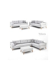 Resim Zeri Modüler Yataklı Koltuk Takımı & 2 Adet Üçlü Kanepe & Puflu Köşe Takımı 3+3 - Açık Gri - 102 Açık Gri 