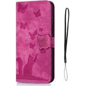 Resim Turcoshop11 Avrupa Amerikan Vintage Kedi Kelebek Kabartmalı Katlanır Standlı Kart Yuvası İphone 15 Gül Kırmızı Kılıf 