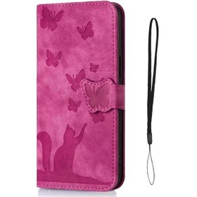 Resim Turcoshop11 Avrupa Amerikan Vintage Kedi Kelebek Kabartmalı Katlanır Standlı Kart Yuvası İphone 15 Gül Kırmızı Kılıf 