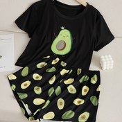 Resim Kadınların Sevimli Avokado Desenli Pijama Takımı, Kısa Kollu Yuvarlak Yaka Üst & Şort, Rahat Bol Kesim 