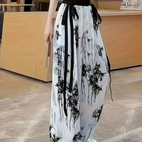 Resim Kadınlar için Rahat Geniş Paça Pantolon, Bitki Baskılı & Bel Bağlama - Nefes Alabilen Polyester Karışımı, Makinede Yıkanabilir - İlkbahar/Yaz/Sonbahar için Mükemmel 