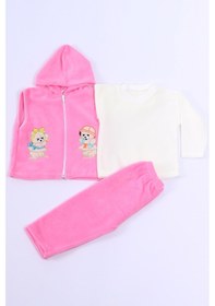 Resim Bebek Polar 3lü Takım Kapşonlu Fermuarlı Nakışlı C23 Pembe 