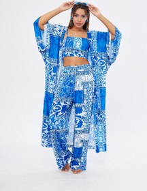 Resim Kimono 3 Parça Büstiyerli Mavi Desenli Alt-Üst Takım (Medine İpeği) - MAVİ DESENLİ / M 