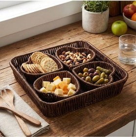 Resim Buradabuldun 5 Parça,4 Kalp Formlu Plastik Rattan Sunum Ve Kahvaltı Seti-bölmeli Çerezlik Ve Meyvelik-doğal Hasır Görünümlü Tepsi Ve Sunum Tabakları Çok Renkli 