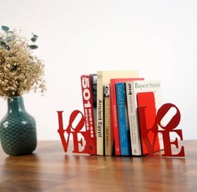 Resim LOVE Yazılı - İki Satırlı Metal Kitap Tutucu & Bookend - Kırmızı 