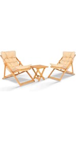 Resim Flex 2'li Ahşap Puf Minderli Bahçe, Balkon, Teras ve Plaj Katlanır Şezlong Set Bistro 