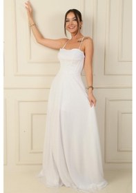 Resim By Saygı İp Askılı Balenli Üstü Drapeli Astarlı Tül Simli Uzun Abiye Elbise-38397-ekru Ekru 