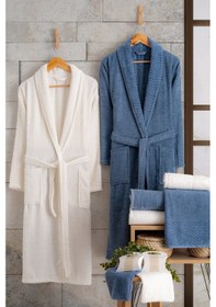 Resim Oznhome Krem-mavi Çift Kişilik 6 Parça Bornoz Seti Krem - Mavi 