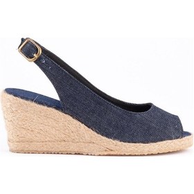 Resim Gerçek Elişi Burnu Açık Arkası Bantlı Dolgu Topuk Kot Mavi Keten Hasır Espadril Handmade Mavi 