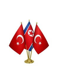 Resim Masa Üstü Kuzey Kore Bayrağı Türk Bayrağı Üçlü Pirinç Direk Masa 