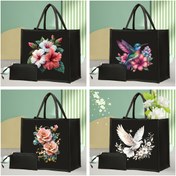 Resim 2 Adet Minimalist Kuş ve Çiçek Desenli Büyük Kapasiteli Tote Çanta, Kadınlar İçin Şık Omuz Çantası, Düğünler, Alışveriş, Plaj için Uygun, El Çantası, Dayanıklı Tek Omuzlu Tasarım, Bozuk Para Cüzdanlı Basit Alışveriş Çantası 