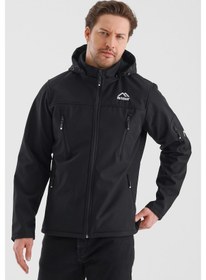Resim Çıkartılabilen Fermuarlı Kapüşon Cepli İçi Polarlı Su Geçirmez Softshell Erkek Mont Siyah Siyah 