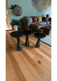 Resim 3 Lü Set Dekoratif Ahşap Mantar Sehpa Minimalist Tasarım Bej 