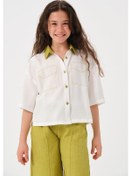Resim Genç Kız Çocuk Cep Desen Detaylı Kısa Kollu Gömlek Yeşil 