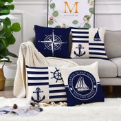 Resim 4 Adet Denizcilik Temalı Poliester Yastık Kılıfı Mavi Serisi 45.72x45.72 cm Yelkenli Pusula Çapa Dekoratif Yatak Odası İçin Yastık Kılıfı (Yastık Dahil Değildir) 
