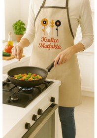 Resim Kraliçe Mutfakta Nakışlı Keten Yıkanabilir Mutfak Önlüğü Standart Beden 1 Adet 50x70 Cm Bej 
