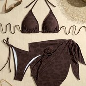 Resim Kamelya Desenli Yırtmaçlı Havlu Kumaştan Üç Parça Avrupa ve Amerikan Bikini Takımı 