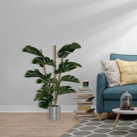 Resim Yapay Çiçek Monstera Bambu Saplı Deve Tabanı Gümüş Saksılı Salon Çiçeği 18 Yaprak 80 cm 