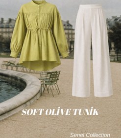 Resim senelcollectionn Belden Bağlamalı Yağ Yeşili Kadın Gömlek Tunik (modal kumaş) 