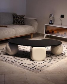 Resim Modern Orta Sehpa & Küre Sehpa & Top Sehpa & MDF Fasulye Siyah & 2 Beyaz Top - 1 Beyaz Zar 