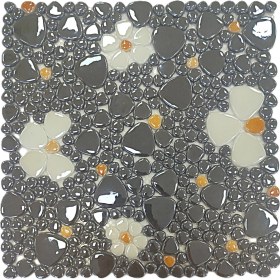 Resim Mutfak Tezgah Arası, Havuz, Banyo, Sauna, Spa, Iç ve Dış Dekorasyonda Tüm Yüzeyler Için, Füme-Beyaz-Sarı Çiçek Desenli , 31,5X31,5CM. Fileli Cam Mozaik. (10 File Karo = 1 M2 Fiyatıdır ) 