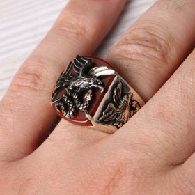 Resim 925 Sterling Silver Freedom Eagle Style Agate Aqeeq Stone Mens Ring - US: 13.75 / 72 mm / Turk: 32 