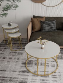 Resim Puklife Ceylin 4lü Zigon Ve Orta Sehpa Seti Gold Ayak Beyaz Cam 