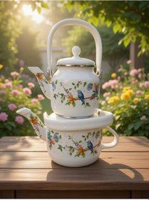 Resim Lüks Nostaljik Çift Katlı Emaye Çaydanlık Takımı - Mavi Kuşlu Renkli Çiçek Desenli Vintage Model Beyaz 