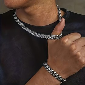 Resim 2'li Set Erkekler için Hip Hop Y2K Tarzı Paslanmaz Çelik 7mm Kalın Zincir Bilezik ve Kolye - Uzun Ömürlü Dayanıklılık İçin Yüksek Kaliteli Paslanmaz Çelikten Üretilmiş, Solmayan ve Korozyona Dirençli 