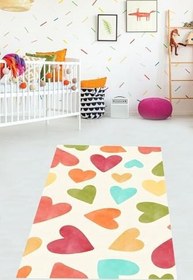 Resim Pelangi Renkli Kalpler Desenli Kız Çocuk Yıkanabilir Kaymaz Taban Leke Tutmaz Çocuk Odası Halısık 