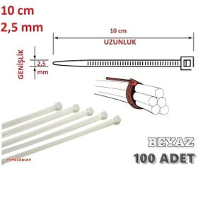 Resim 100 Adet 10cmx2.5mm Beyaz Plastik Cırt Kelepçe Kablo Bağı 