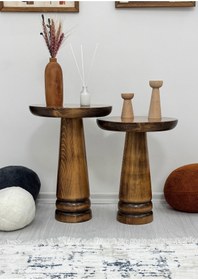 Resim AYLESA Doğal Ahşap 2’li Set Mantar Yan Sehpa Modern Ceviz Renk Fiskos Zigon Çiçeklik 