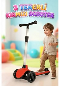 Resim Led Işıklı Silikon 3 Tekerli Katlanabilir Yükseklik Ayarlı 50kg Taşıma Kapasiteli Çocuk Scooter Kırmızı 
