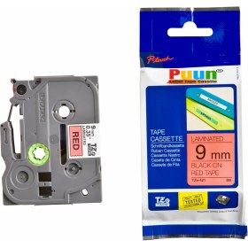 Resim Puun Brother TZE-421 9mm x 8m Kırmızı Üzerine Siyah Muadil Laminasyon Etiket Şeridi 