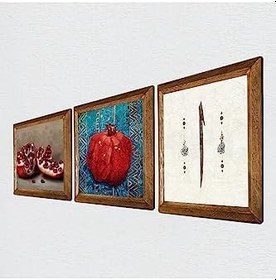 Resim Pinecone Elif, Nar Taş Duvar Tablosu - Ahşap Çerçeveli Taş Tablo - 25x25 cm - 3 Parça Set - Dekoratif Duvar Sanatı - Modern Ev ve Ofis Duvar Dekoru W3-811 