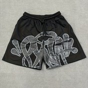 Resim Vintage Y2K Estetiği Hip-Hop Baskılı Bağcıklı Şortlar - Beyaz Örgü Tasarımıyla Mavi, Rahat Bol Kesim Erkekler ve Kadınlar İçin, Bahar/Yaz/Sonbahar İçin Mükemmel 