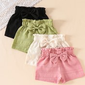 Resim 4 Adet Kız Çocukları için Günlük Düz Renkli Polyester Şortlar 3D Fiyonk Detaylı, Düzenli Kesim Dokuma Kumaş İlkbahar/Yaz - %95 Polyester, %5 Spandeks, Bebek Kız, Pastel Renkler, Dış Mekan İçin Mükemmel 