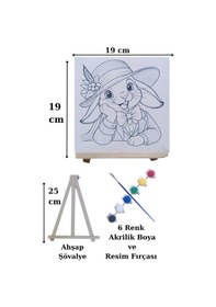 Resim Şapkalı Tavşan Tuval Boyama Aktivite Seti 19x19 Cm Tuval, Şövale, Fırça Ve 6 Renk Akrilik Boya Seti 