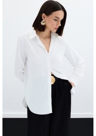 Resim Sateen Düz Klasik Gömlek - Ekru-122325 Ekru 