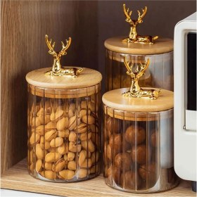 Resim 3'lü Bambu Kapaklı Cam Geyik Figürlü Çizgili Mutfak Seti 