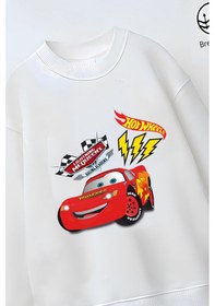 Resim Belyakidswear Trend Çocuk Model Tam Kalıp Oversize Şimşek Mcqueen Tasarım 3 İplik Pamuğa Pamuk Kumaş Beyaz 