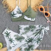 Resim Kızlar için Tropikal Çiçekli Bükümlü Çapraz Etekli Bikini Mayo Takımı, 3'lü 