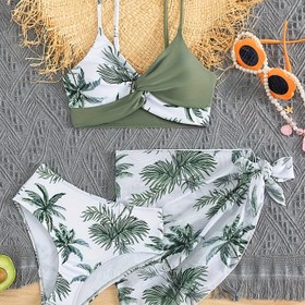 Resim Kızlar için Tropikal Çiçekli Bükümlü Çapraz Etekli Bikini Mayo Takımı, 3'lü 