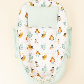 Resim Babynest ve Yastık - Çift Taraflı - Su Yeşili Muslin - Süper Kahramanlar 