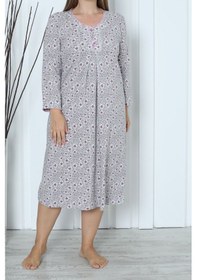 Resim Nicoletta Kadın Tunik Uzun Gecelik Uzun Kollu Büyük Beden Pamuklu Vizon Vizon 