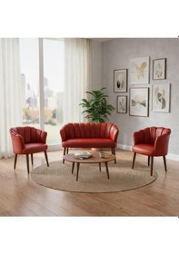 Resim Azra Mobilya Papatya Deri Berjer Takımı 2 Tekli + 1 İkili Koltuk Balkon Ofis Kafe İçin Demonte Ayaklı Kırmızı Kırmızı 