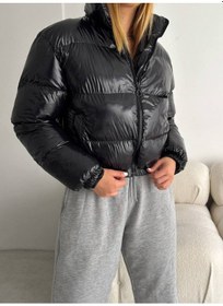 Resim Kadın Şişme Mont Elyaflı Kapüşonsuz Cepli Rüzgar Geçirmez Su Geçirmez Kışlık Bomber Mont Siyah 