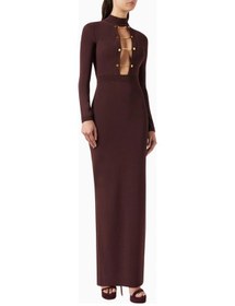 Resim Elit Elisabetta Franchi Jewel Yüksek Yakalı, Açık Sırtlı Maxi Triko Elbise Abiye Bordo 46 